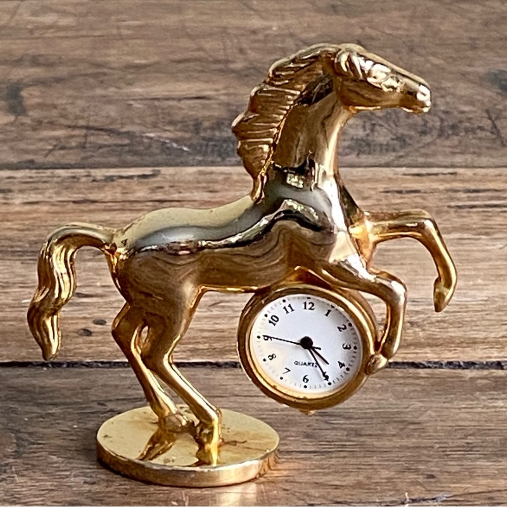 Vintage Miniature Brass Horse Clock, Gold Tone Rearing Stallion Collectible Desk